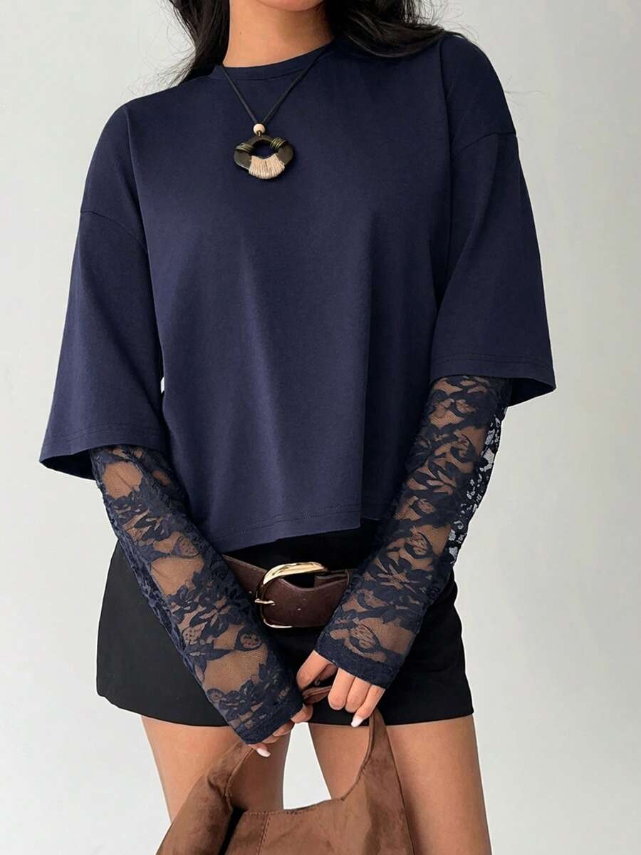 Aloruh Áo thun nữ dáng ôm cổ tròn màu trơn, kiểu dáng thường ngày, phối ren ngọt ngào. - Màu xanh hải quân - Xem 1