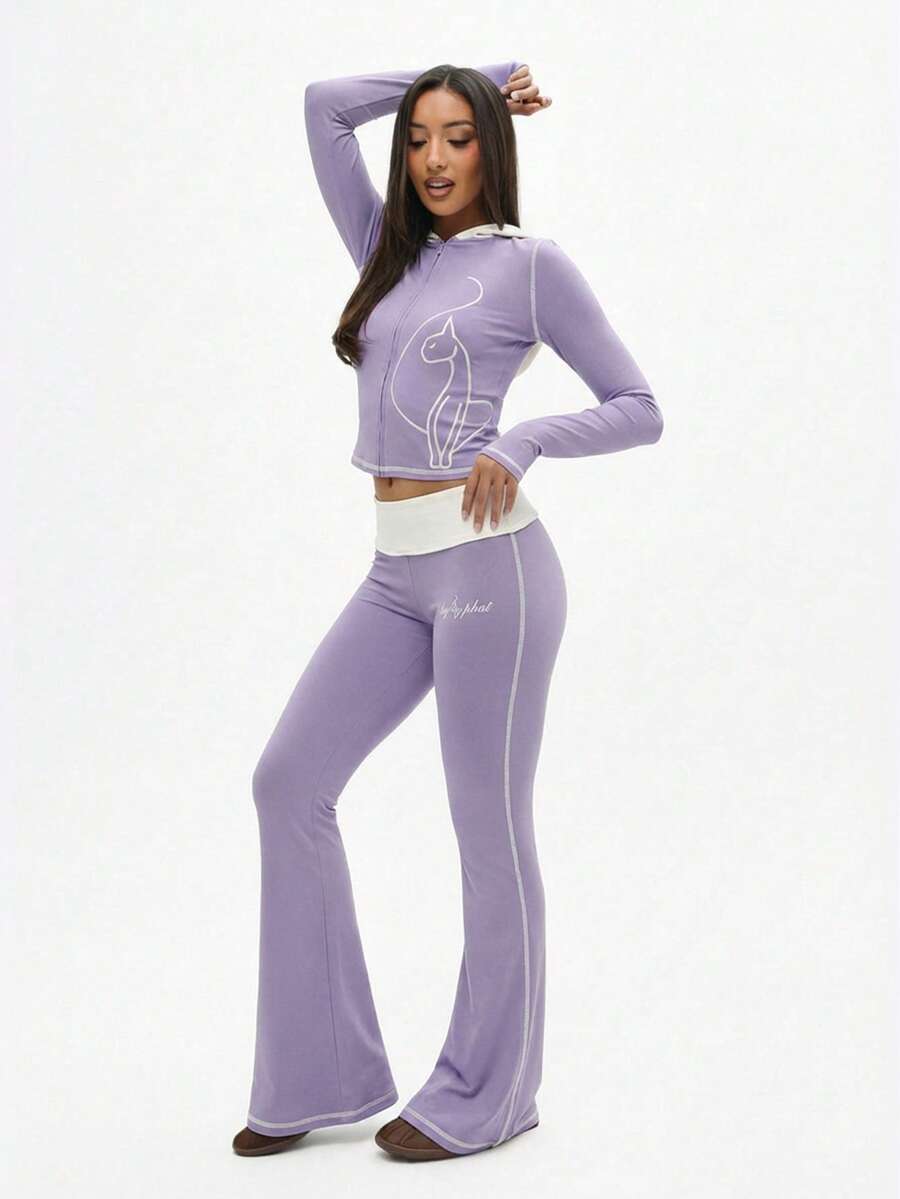 BABYPHAT Leggings acampanados de talle alto con detalles en contraste de color lavanda y ribete blanco, moda de otoño para mujeres - Lila Púrpura - Ver 1