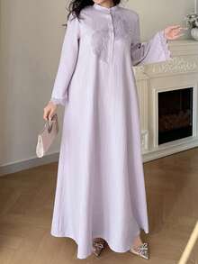 Al Najma 大码女式纯色常规肩部喇叭袖优雅阿拉伯风格连衣裙 - 淡紫色 - 查看 8