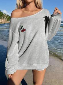 SHEIN EZwear 休闲简约日常百搭樱桃3D刺绣沙滩/度假装，女士夏季服装，浅灰色露肩宽松休闲长袖卫衣 - 淺灰色 - 查看 4