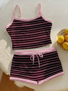 Comfortcana 休闲简约复古优雅通勤百搭暖棕色和粉色条纹印花图案，沙滩/度假套装，女士夏季两件套露脐上衣和短裤 - 彩色 - 查看 5