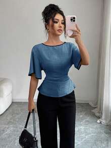 Siren Gaze 女士夏季休闲束腰撞色滚边短袖衬衫 - 霧霾藍 - 查看 7