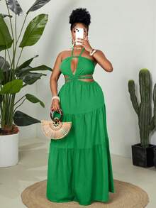 Maweii Plus Size Solid Color Vacation Strapless Dress - Green - View 4