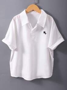 SHEIN Camisa de manga corta con cuello blanco para niñas, con bordado, estilo preppy versátil para la escuela y uso casual en primavera y verano - Blanco - Ver 1