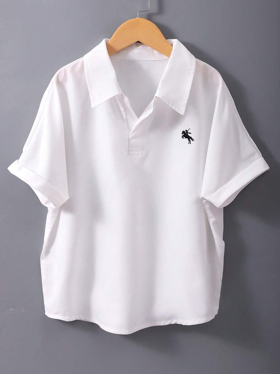 SHEIN Camisa de manga corta con cuello blanco para niñas, con bordado, estilo preppy versátil para la escuela y uso casual en primavera y verano - Blanco - Ver 1