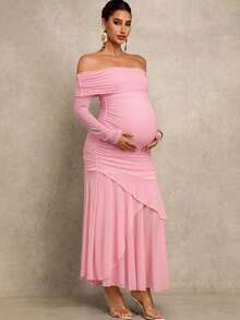 MaterniChic Elegant Solid Color Off-Shoulder Long Sleeve Maternity Dress - Baby Pink - View 5