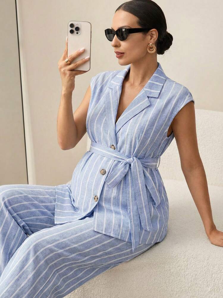 SHEIN MaterniWear Bộ đồ bầu hai mảnh không tay cổ bẻ kẻ sọc, kiểu dáng thường ngày, đa năng cho mùa hè. - Màu xanh nhạt - Xem 4