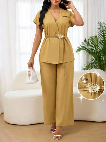 SHEIN Lady Women's Solid Color Wrap Short Sleeve Top And Wide Leg Pants Casual Suit Set
