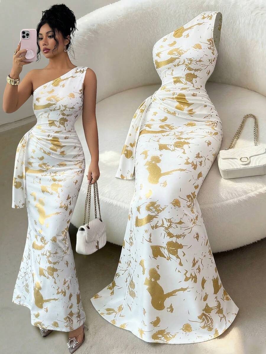 Selianne Women's Elegant Gold Foil Print One-Shoulder Fishtail Dress, Summer - White - View 1