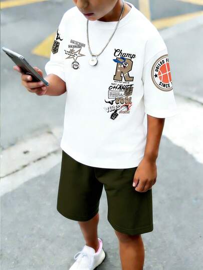 SHEIN 2pcs/Set Tween BoyRound Neck Short Sleeve T-Shirt And Shorts With Pockets Set