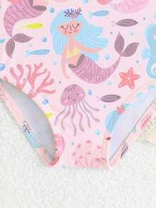 新生女童连体泳衣，细肩带蝴蝶结装饰泳衣，针织涤纶数码印花蝴蝶结图案泳衣，附赠帽子，可爱海边泳衣，适合新生女童 - 淺粉色 - 查看 4