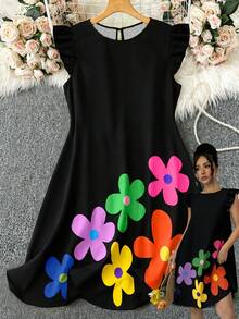 SHEIN PETITE Vestido corto de mujer con cuello redondo, mangas cortas y corte evasé, con estampado floral colorido y vintage, para primavera/verano - Multicolor - Ver 1