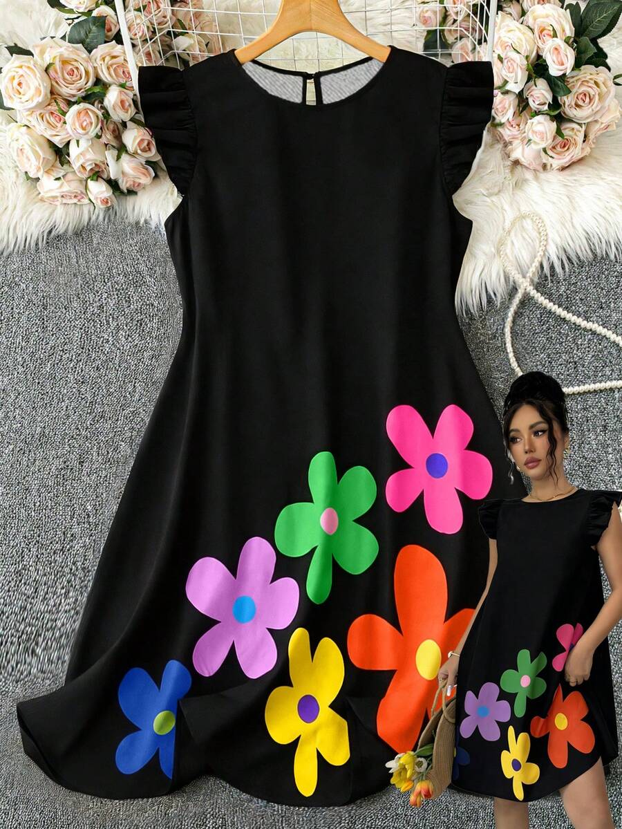 SHEIN PETITE Vestido corto de mujer con cuello redondo, mangas cortas y corte evasé, con estampado floral colorido y vintage, para primavera/verano - Multicolor - Ver 1