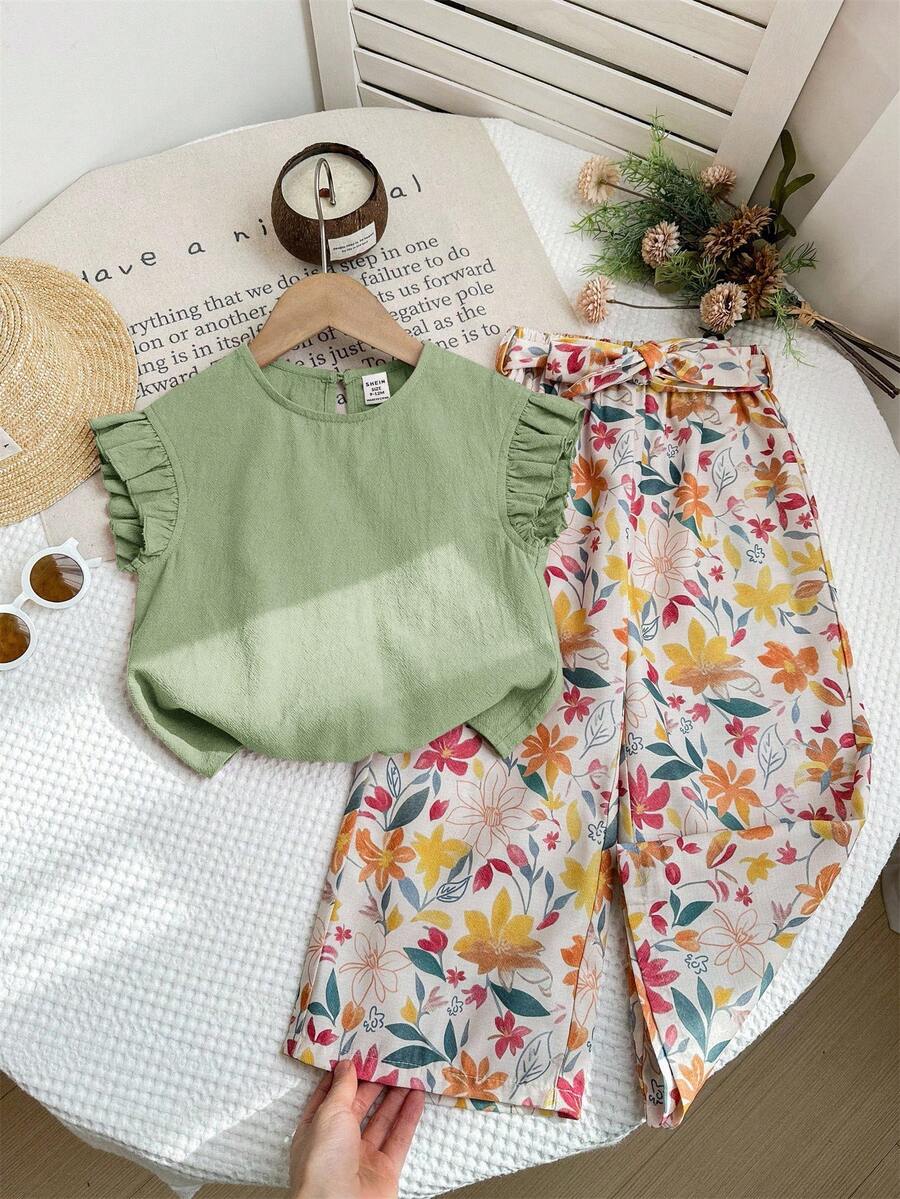 LMoss Kids 2件套女婴纯色荷叶边领上衣和宽松碎花裤套装 - 綠色 - 查看 1