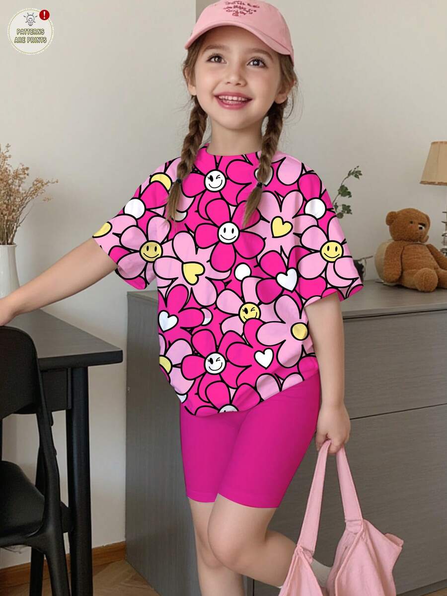 SHEIN 两件套女童休闲可爱碎花套装,度假风,奶油粉色,圆领短袖T恤搭配紧身打底裤,适合春夏日常穿着、度假、外出,Y2K风格,可爱,儿童舒适,儿童秋季时尚,秋季新款,花卉时尚,女童套装,两件套,价格实惠,时尚百搭,周末穿搭,粉色,儿童套装,轻松舒适,可爱,舒适的春夏风格,休闲度假,夏季,假期,流行花卉 - 彩色 - 查看 1