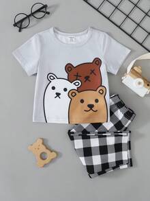 SHEIN Baby Boy Cute Cartoon Penguin Print Round Neck Short Sleeve T-Shirt And Plaid Pattern Loose Casual Pajama Pants 2pcs Set - Ginger - View 6