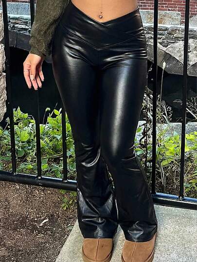 Slaydiva Plus Size Women's PU High Waist Criss-Cross Design Flared Ankle Length Leggings, Suitable For Music Festivals