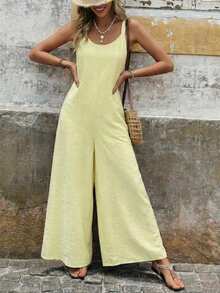 SHEIN LUNE 女士休闲纹理连体裤，适合夏季度假、通勤和日常穿着，无袖宽松款 - 淡黃色 - 查看 1