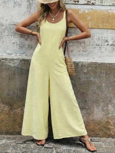 SHEIN LUNE 女士休闲纹理连体裤，适合夏季度假、通勤和日常穿着，无袖宽松款