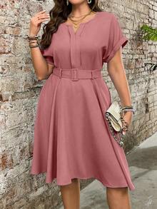 EMERY ROSE Đầm midi buộc eo cổ chữ V sâu màu đỏ tía cho kỳ nghỉ cỡ lớn - Hồng - Xem 1