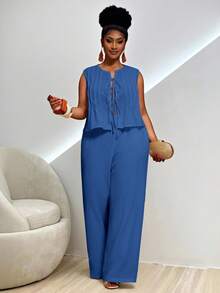 Veslaya 大码女式纯色系带上衣和阔腿裤休闲日常套装 - 霧霾藍 - 查看 7