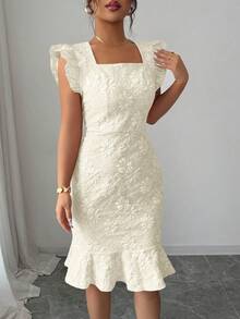 Elenzga 女士提花优雅收腰中长派对连衣裙 - 杏色 - 查看 4