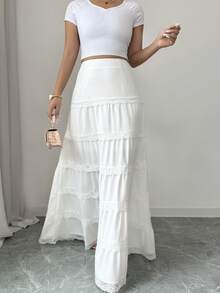 GlowEve 女士复古蕾丝拼接低腰喇叭裙，百搭宽松款，春夏款 - 白色 - 查看 5