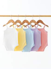 SHEIN Playful Pals 5 pièces/set Body bébé fille 0-3 ans, combinaison décontracté polyvalente en tricot côtelé de couleur unie - Multicolore - Voir 2