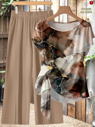 SHEIN Clasi 休闲简约风卡其灰色仿箔抽象花卉图案女式衬衫（带蝴蝶结领带）搭配卡其色宽松直筒裤两件套，适合春夏穿着，复古风格