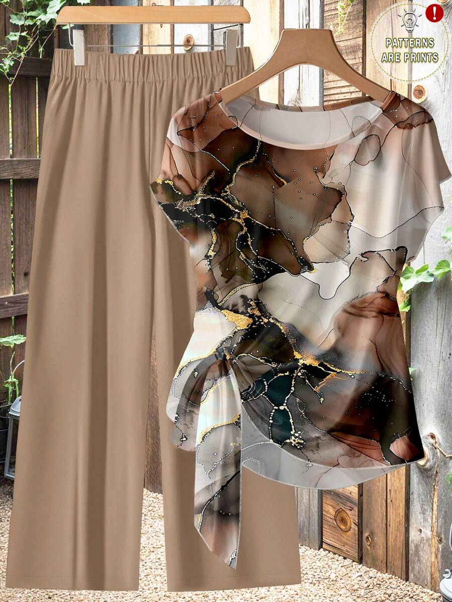 SHEIN Clasi 休闲简约风卡其灰色仿箔抽象花卉图案女式衬衫（带蝴蝶结领带）搭配卡其色宽松直筒裤两件套，适合春夏穿着，复古风格 - 彩色 - 查看 1