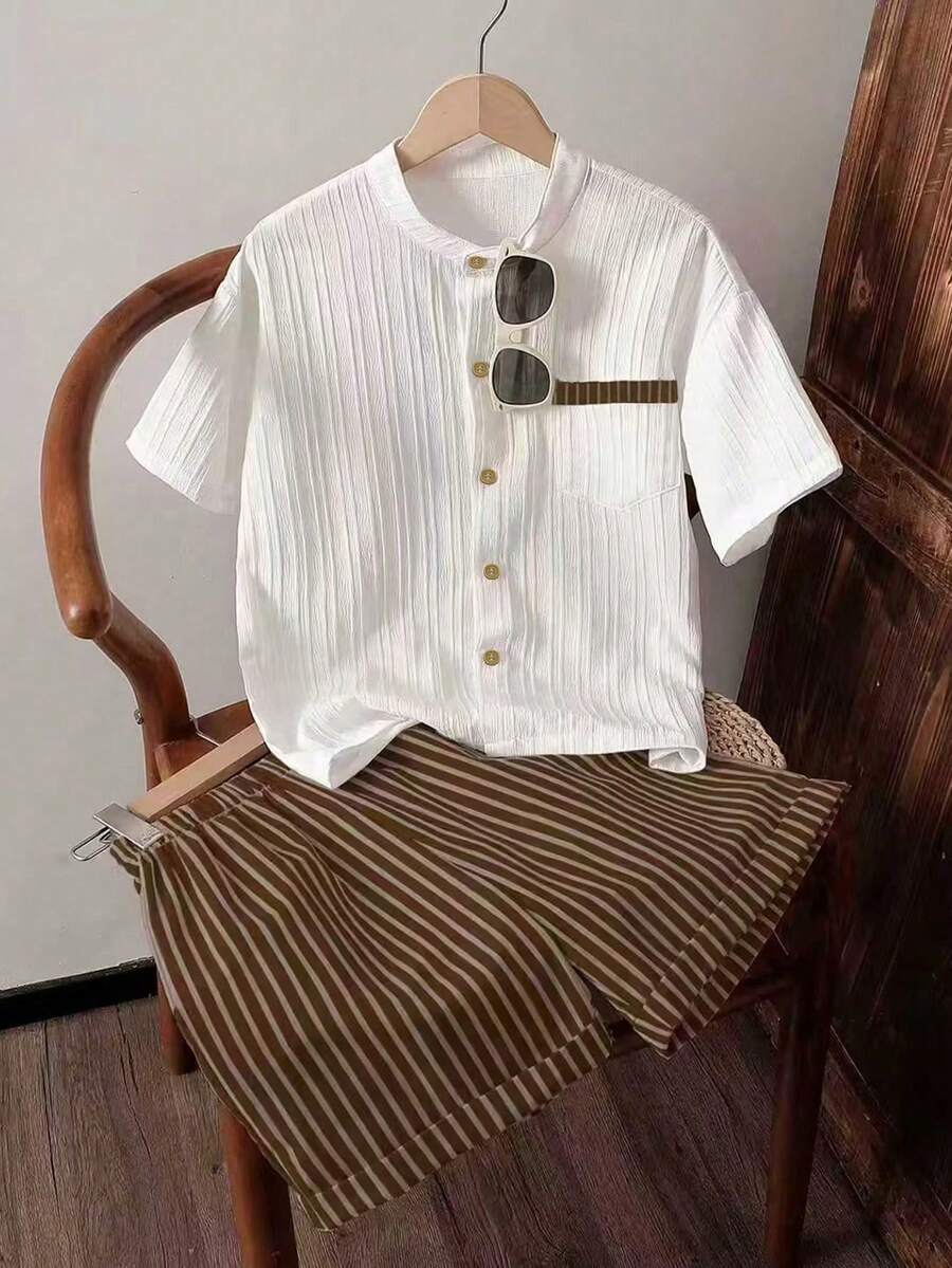 SHEIN Vacaura 2件套 青少年男童通勤休闲条纹立领衬衫和条纹短裤,舒适时尚 - 彩色 - 查看 1