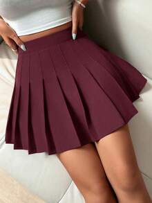 Almamuse 纯色百褶高腰休闲夏季半身裙 - 酒紅色 - 查看 5