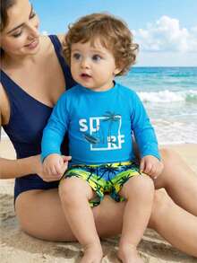 LMoss Kids Bộ 2 món gồm áo len cổ tròn tay raglan và quần short cạp chun họa tiết cây dừa hoạt hình màu xanh dương, chất liệu co giãn tốt, thích hợp cho kỳ nghỉ, bãi biển và bơi lội. - Nhiều màu - Xem 3