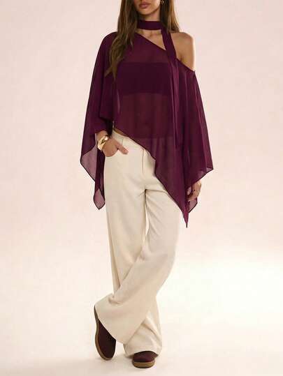 Avenya Women's Chiffon Asymmetrical Shoulder Sheer Elegant Flowy Blouse Yoga Tops Yoga Pants Flare Blouse For Trouser Zanzea Blouses For Women Sheer Poncho Top Women Semi Formal Outfit Women Pants With Tops Blouses For Women Flowy Chiffon Tops For Women Terno Outfit For Women Pants And Top Special Occasion