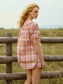2026 Vestido bohemio mini de línea A con manga corta abullonada, cuello con volantes, abotonado, 100% algodón, para rodeo de Nashville, vacaciones, lindo atuendo para brunch - Naranja - Ver 2