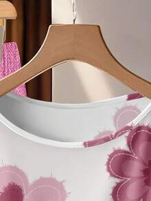 SHEIN Clasi 休闲复古优雅通勤百搭暖粉色花卉印花图案，沙滩/度假装，夏季外出女式衬衫配蝴蝶结和宽松直筒裤两件套 - 彩色 - 查看 4