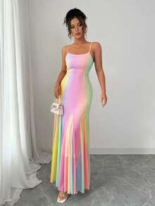 Rafferiza 夏日多巴胺女孩甜美彩虹雪纺连衣裙，优雅女士度假吊带法式连衣裙 - 鵝黃色 - 查看 5