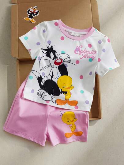 LOONEY TUNES X SHEIN Conjunto informal de camiseta de manga corta con estampado de lunares y dibujos animados, y pantalones cortos para niña bebé