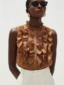 Aveloria Modichic Elegant Romantic Versatile French Style Sleeveless Shirt For Women, White Textured Crinkle Sheer Multi-Layer Ruffle Collar Design - Rust Brown - View 4