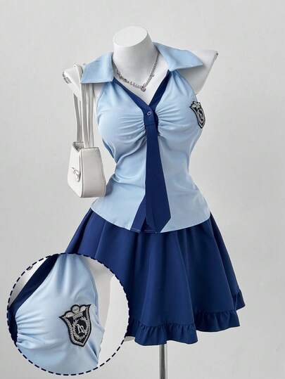 Sunspun 大码V领无袖系带装饰撞色优雅复古女式衬衫+松紧腰A字荷叶边半身裙，休闲户外度假派对套装