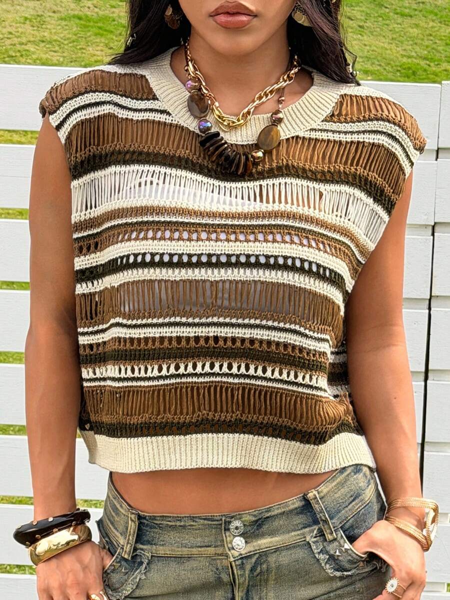 SHEIN EZwear New Summer Music Festival Yellow Fashionable Western Style Women's Crew Neck Sweater, Multi-Color, Autumn/Spring - Multicolor - View 1