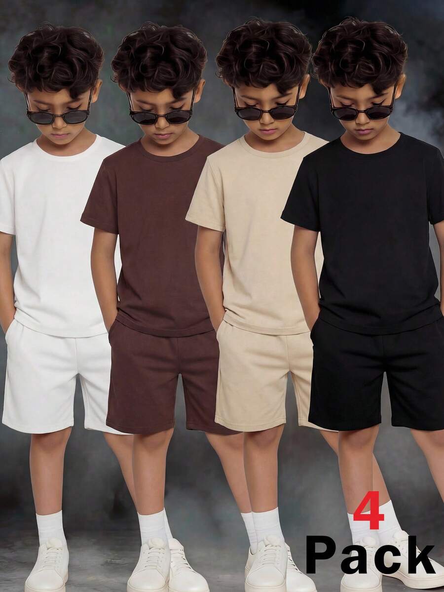 SHEIN 4件組青少年男孩休閒字母印花圓領針織T恤,3色(黑色、白色、杏色、棕色),寬鬆版型短袖針織上衣,適合度假、外出、旅行、搭配,春夏季開學穿搭 - 彩色 - 查看 1
