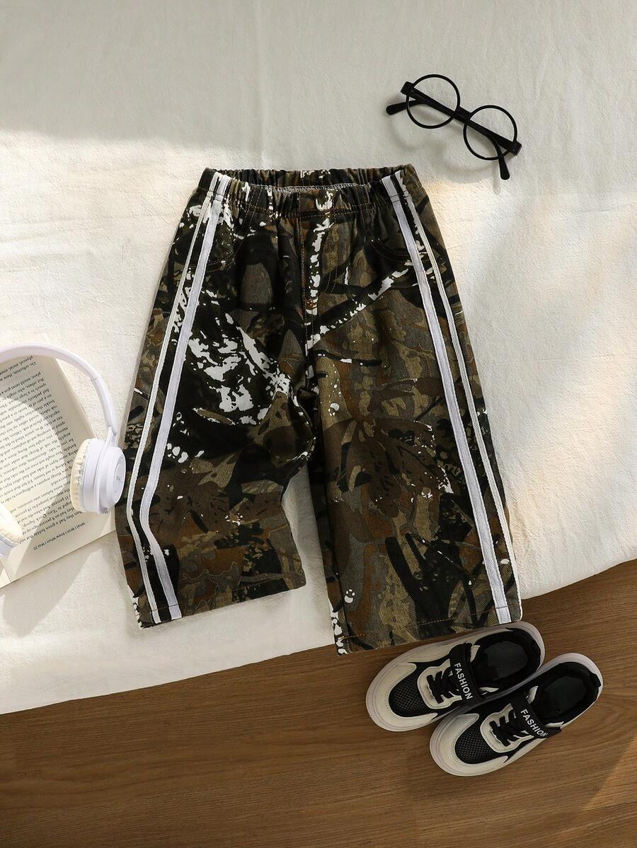 SHEIN 男女童迷彩印花弹力腰宽松牛仔裤，婴儿下装，街头风，春夏款 - 綠色 - 查看 1