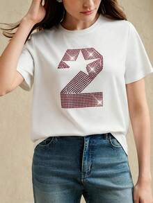 Anewsta Women's Round Neck Casual Numeric Pattern Short Sleeve T-Shirt, Versatile For Daily Wear - White - View 4