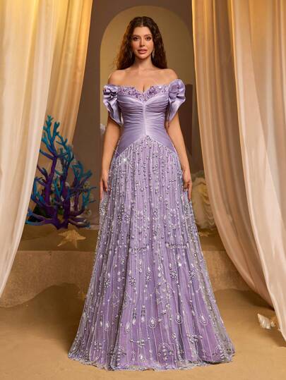 Glamrae Elegant Light Gray-Purple Luxury 3D Beaded Embroidery, Wide Strap Square Neck Bask Waist Handmade Woven Rope Belt Super Flared A-Line Skirt, Suitable For Dates, Vacations, Singles Parties, Weddings, Women's Evening Gown