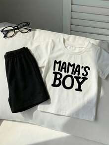 Playful Pals 2件套男婴“妈妈的宝贝”字母印花弹力针织白色圆领短袖T恤搭配黑色弹力腰短裤，婴幼儿服装，经典黑白配色，适合休闲、户外、度假等多种场合，夏季适用，6个月-3岁 - 黑與白 - 查看 5