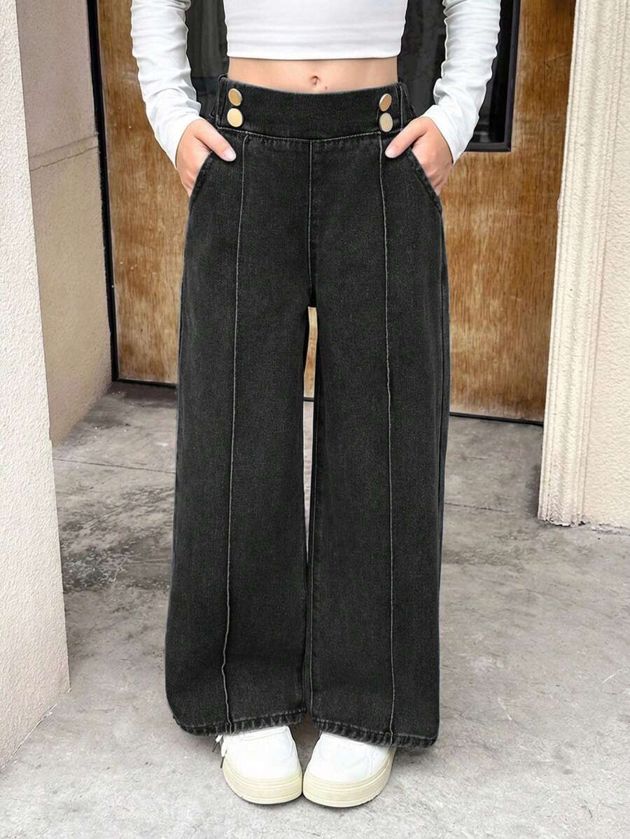 SHEIN Tween Girls' Solid Color Casual Denim Jeans - Black - View 1