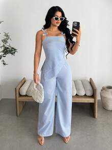 Vavine Blue & White Striped Casual Bow Tie Neck Asymmetric Hem Blouse And Straight Leg Casual Pants Women 2 Piece Set - Blue - View 3