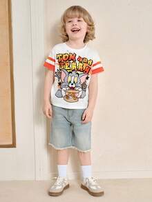 TOM & JERRY X SHEIN Young Boy Casual Round Neck Cartoon Letter Print Short Sleeve T-Shirt, Versatile Daily Wear - White - View 5