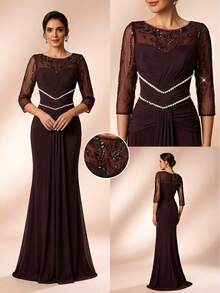 Serin 优雅奢华的串珠亮片花卉刺绣弹力针织网纱褶皱薄纱袖美人鱼连衣裙，适合婚礼、派对、度假、新娘、新娘母亲、晚礼服等场合。 - 卡其色 - 查看 1